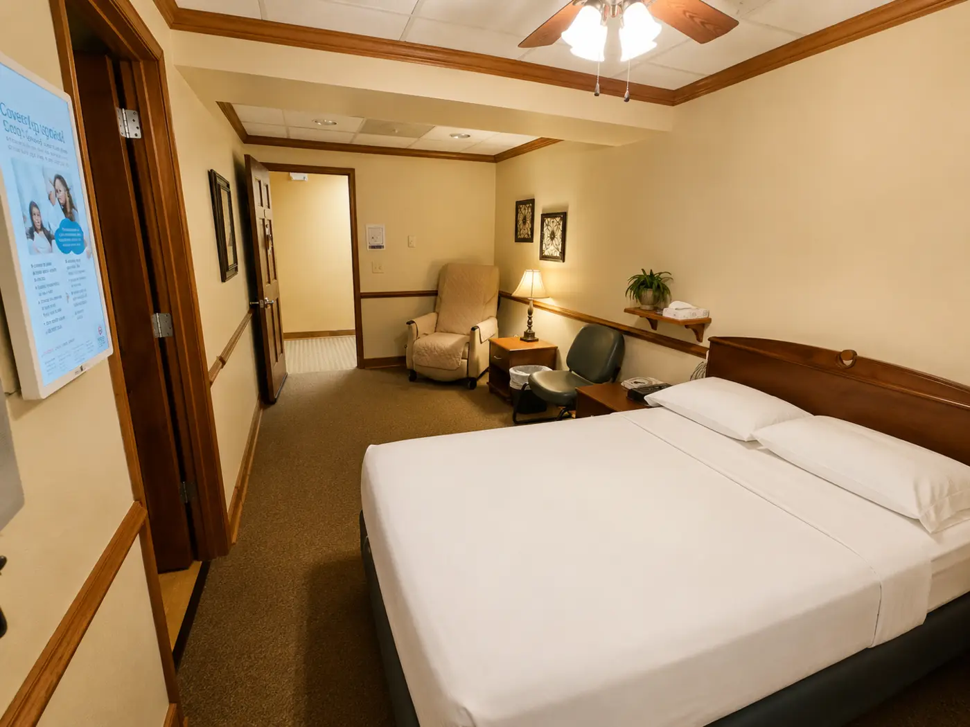 Private sleep room viewed from beside the bed