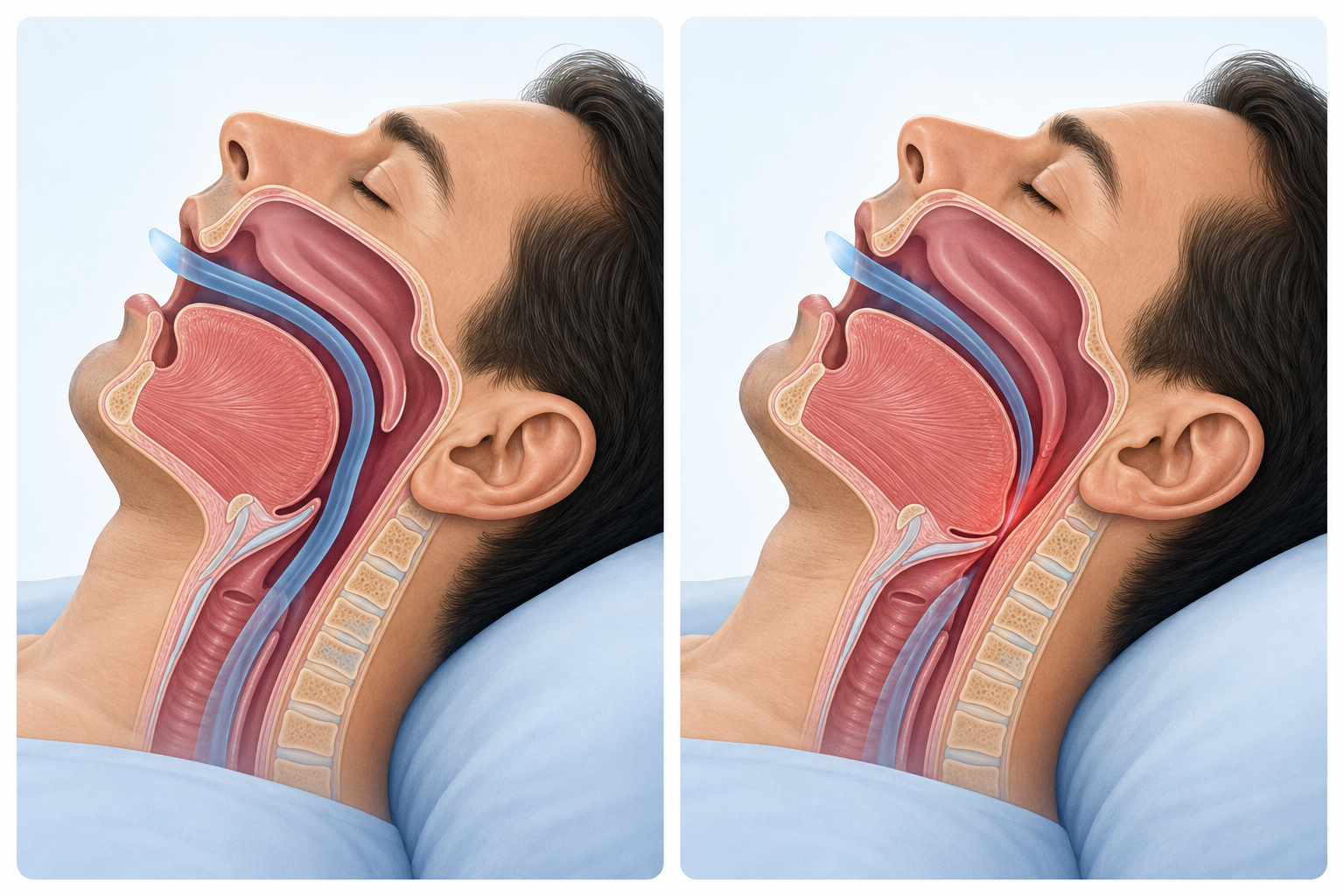 Side-by-side medical illustration comparing an open upper airway with an airway narrowed behind the tongue during obstructive sleep apnea
